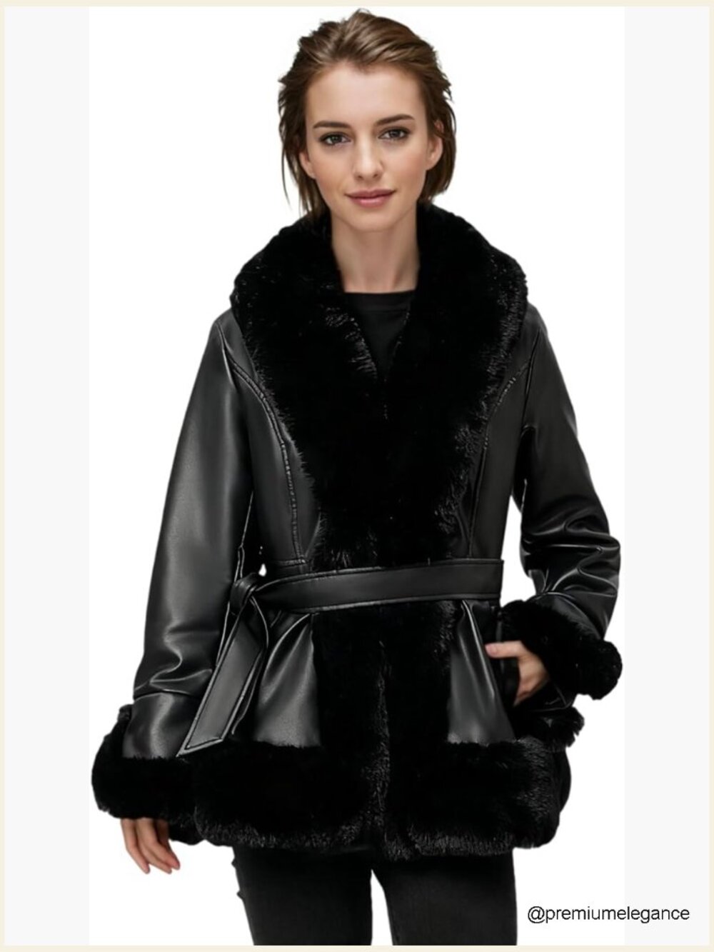Faux Fur Leather Jacket Winter Coat Womens Peacoat Hooded, Adjustable